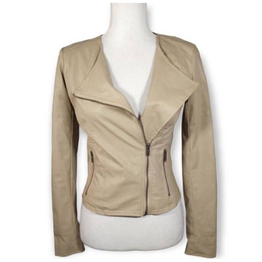 PINS & NEEDLES URBAN OUTFITTERS BEIGE FAUX LEATHER MOTO JACKET SZ.XS EUC.